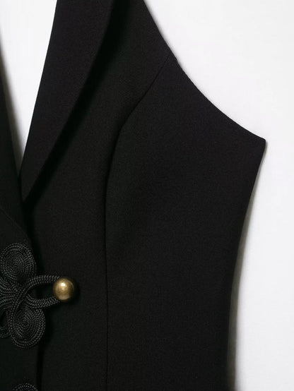 BSAY Women Black Halter Blazer Jumpsuit Lapel Collar Chinese Knot Buttons Sleeveless Slim Fit Short Rompers Elegant Party Outfit
