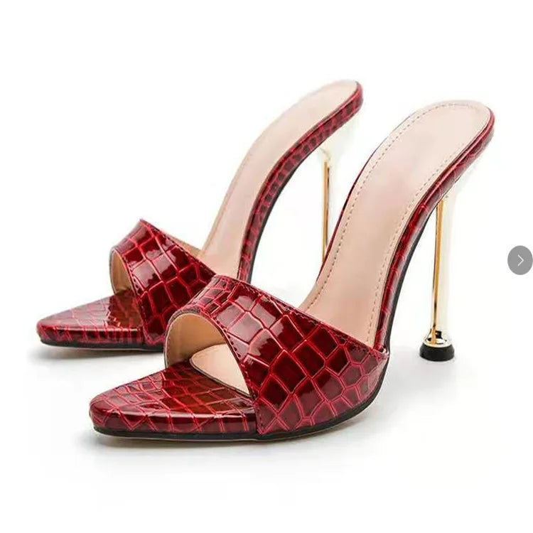 Luxury Women Ultra-High-Heeled Thin Metal Sandals with Pointed Fish Mouth Snake Print Large Size Wine Glasses Party Slippers