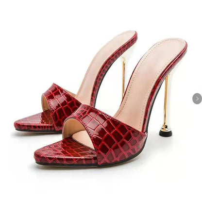 Luxury Women Ultra-High-Heeled Thin Metal Sandals with Pointed Fish Mouth Snake Print Large Size Wine Glasses Party Slippers