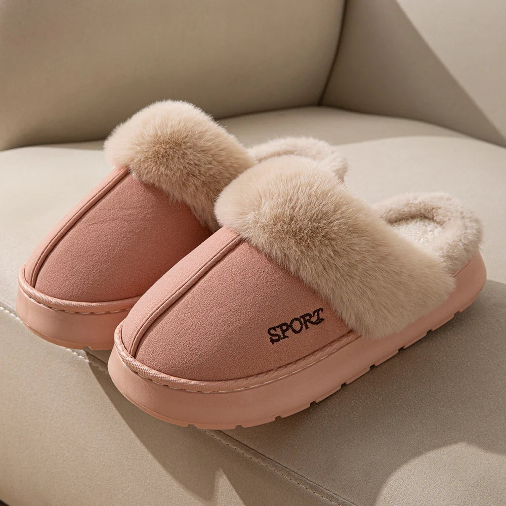 Women Winter Slippers Faux Fur Collar Warm Comfort Non-slip Thick Sole Couple Indoor and Outdoor Snow Boots Home Casual Shoes