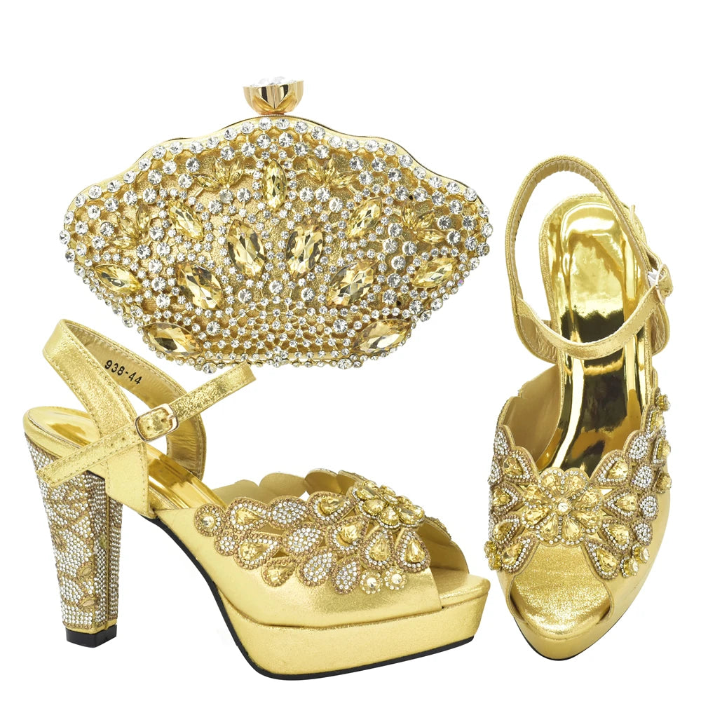Fashion Italian Shoe and Bag Set for Party In Women Afrcan Party Shoes with Bag Set with Rhinetsone Luxury Shoes Women Designers