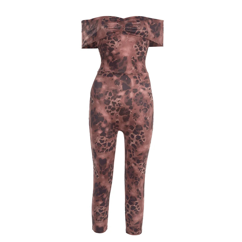 Weird Puss Leopard Print Jumpsuit Women Slash Neck Ruched Patchwork Elegant Sexy Stretch Activity Clubwear Stretch Slim Overalls