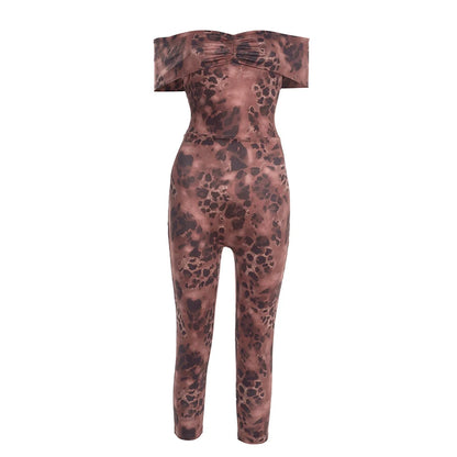 Weird Puss Leopard Print Jumpsuit Women Slash Neck Ruched Patchwork Elegant Sexy Stretch Activity Clubwear Stretch Slim Overalls
