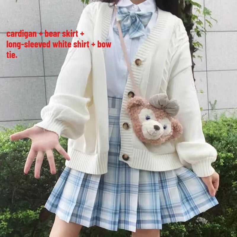 School Autumn Winter Lazy Style Japanese JK Knit Cardigan Loose College Sweater Plaid Skirt Matching Set For Campus Daily Class