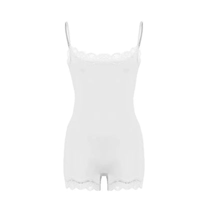 Lace Patchwork Cami Playsuit Women Sexy Backless Sleeveless Romper Solid Color Y2K Streetwear Casual Loungewear Outfit