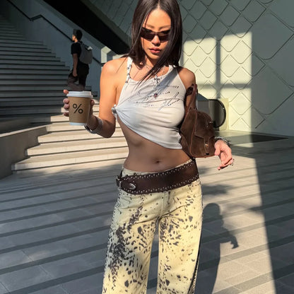 White Side Tie Beaded Straps Crop Tank Top Y2K Sexy Sleeveless Back Tie Asymmetric Print Going Out Tops Women's Summer 2026