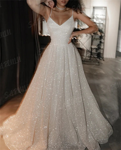 Spaghetti Straps Shinny Wedding Dress A-line V Neck Glitter Bridal Gown For Wedding Party Bride Dresses Custom Made Sequined