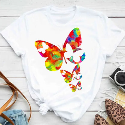 New Fashion Women T-shirt Colorful Butterfly Petal Print Short Sleeve and Round Neck Cute Graphic Tee Shirts Female Tops Clothin
