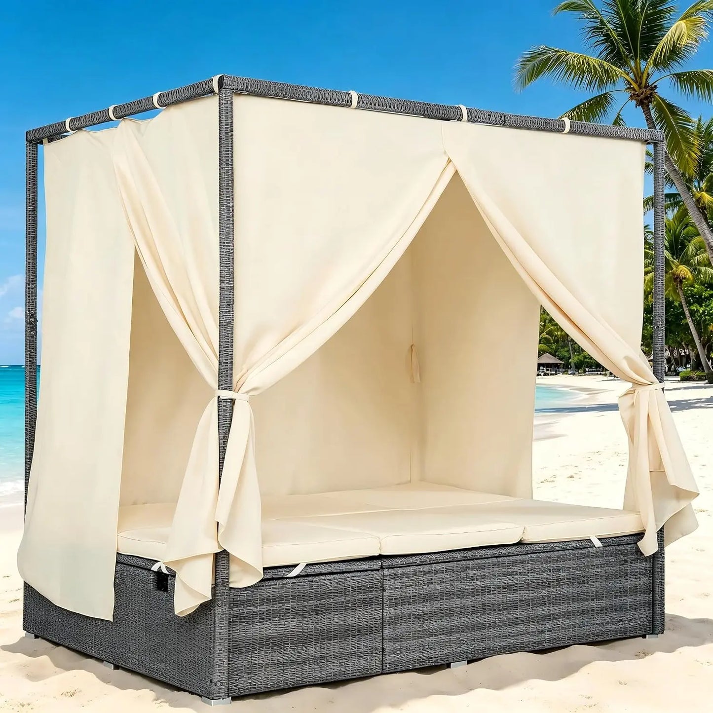 Patio Chaise Lounge, PE Rattan Outdoor Patio Wicker Sunbed Daybed with Adjustable Seats, Four-sided Canopy,, Customized