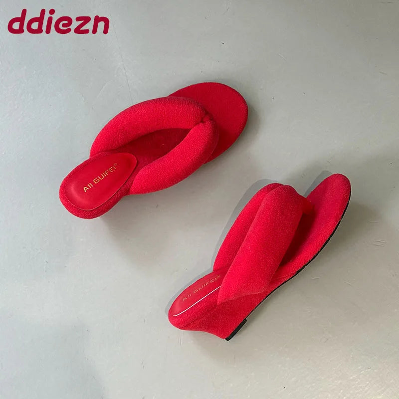 New Footwear Flock Women Wedges Slippers Flip Flops Shoes Fashion Round Toe Ladies Wedges Slippers Shoes Female Sandals Slides