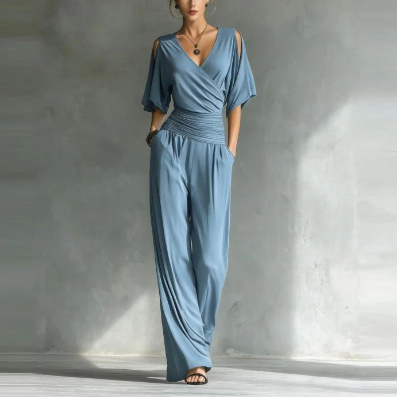 Summer Women's High Waist Party Rompers Elegant Simple Half Sleeve Playsuits Overalls Solid Color V-neck Loose Pocket Jumpsuits