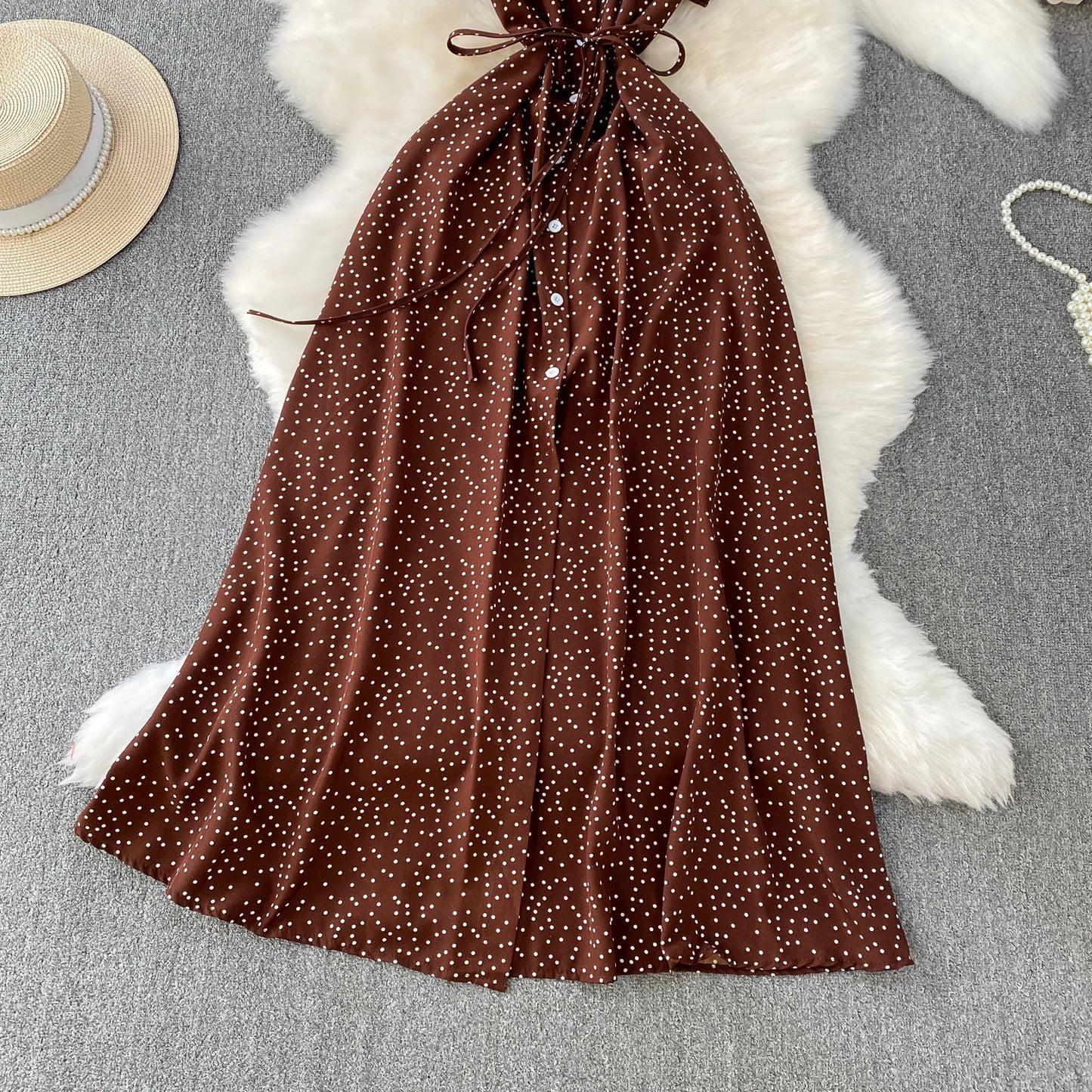 Summer Women Polka Dot Long Dress Vintage V-Neck Flying Sleeve High Waist Single Breasted A-Line Casual Vestidos Female Robe New