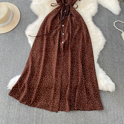 Summer Women Polka Dot Long Dress Vintage V-Neck Flying Sleeve High Waist Single Breasted A-Line Casual Vestidos Female Robe New
