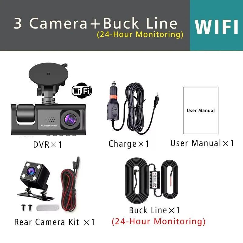 WiFi 3 Channel Car DVR Three Way Dash Cam Inside Vehicle Camera DVRs Recorder FHD 1080P Video Mini Registrator Dashcam Camcord