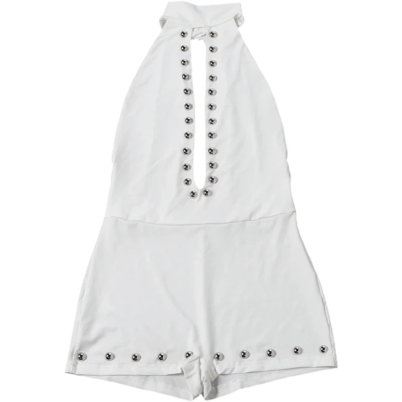 Sisterlinda Hollow Romper Women Hottie Trend Wild Rivet Patchwork Backless Halter Sleeveless Trend Midnight Street Playsuits