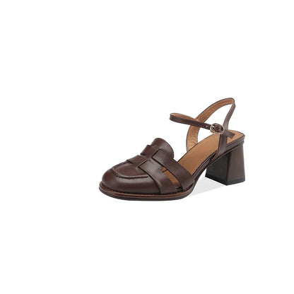 2026 New Size 34-43 Retro Genuine Leather Retro Sandals Woman Top Quality Ladies Buckle Summer Shoes Thick High Heels Sandals