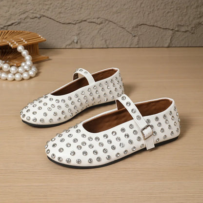 Women's Flat Dress Shoes Bottom Mary Jane Water Diamond Casual Dancing Shoes Genuine Leather Single Shoes Luxury Ballet Flats