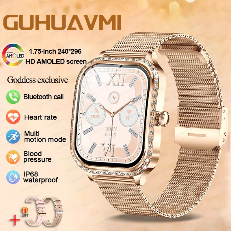 New Fashion Women's Smart Watch Heart Rate 1.75 Inch 240*296 HD Screen Diamond Watch Bluetooth Call Waterproof SmartWatch Ladies