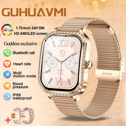 New Fashion Women's Smart Watch Heart Rate 1.75 Inch 240*296 HD Screen Diamond Watch Bluetooth Call Waterproof SmartWatch Ladies