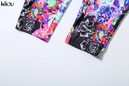 kliou Sexy Printed Women Jumpsuits Fashion New Back Hollow Full Sleeve Stand Collar Slim Overalls Female Midnight Party Clubwear