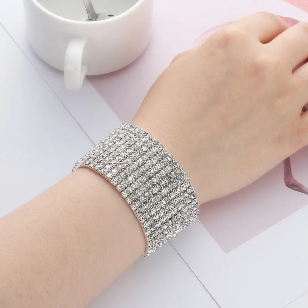 1-10 Rows Fashion Jewelry Bridal Wristband Crystal Rhinestone Elastic Bangle Stretch Bracelet Wedding Bridal Jewelry