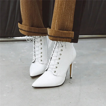 Sexy Ankle Cowboy Boots For Women Dance Shoes Fashion Snake Red White Black High Heels Lace Up Short Boot Autumn Large Size