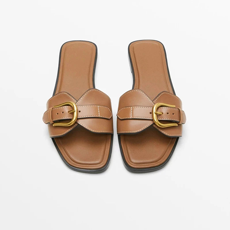 Slippers for Woman 2025 Summer Beach Flats Ladies Buckle Slides Gladiator Sandals Luxury Leather Mules Zapatos Mujer