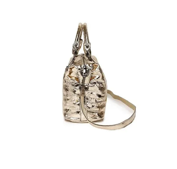 Real Leather Shiny Tote Handbags For Women Fashion Genuine Cowhide Leather Metallic Lady Bags With Shiny Embossed Coating