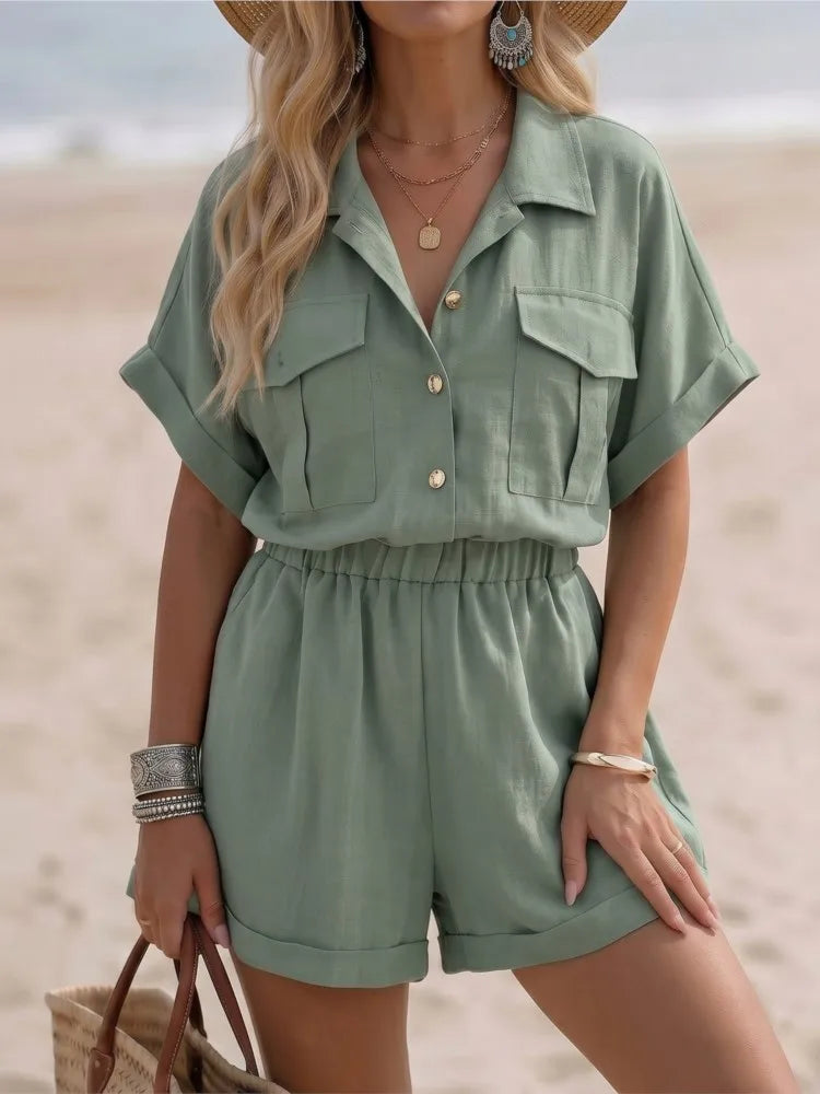 Summer New Casual Lapel Short-sleeved Jumpsuit Women's Fashion Pocket Wide-leg Shorts Female Sports Resort Rompers Shorts 2026