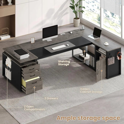 78" Executive Desk with Lockable File Cabinet, L Shaped Office Desk with Power Outlets, Large Executive Desk with, Customized