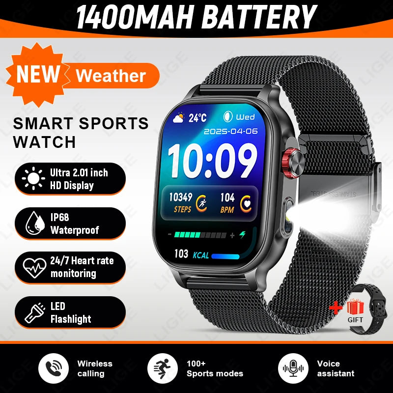 LIGE 2026 New Built-in 1400mAh Super Large Battery Women Men Smart Watch Outdoor 2.01" Screen IP68 Waterproof BT Call Smartwatch