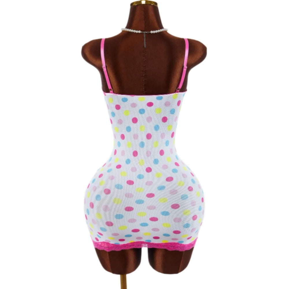 HLJ&GG Sexy Polka Dot Print Lace Splicing Bodycon One Piece Rompers Women Spaghetti Strap Sleeveless Backless Jumpsuits Street