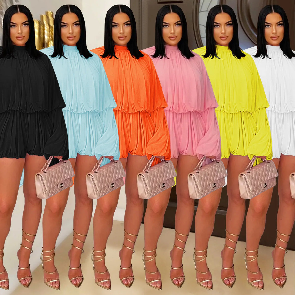 Jumpsuits Women One Piece Mock Neck Full Sleeve Short Pants Pleated Loose Elastic Waist Y2k Streetwear Jumpsuit Solid Work 2026
