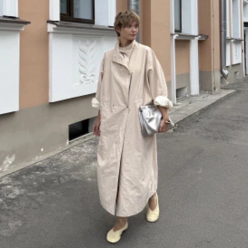 Convertible Collar Oversized Maxi Trench Coat Women Snap Buttons Dolman Sleeve Patch Pockets Outerwear New Ladies Trench Jacket