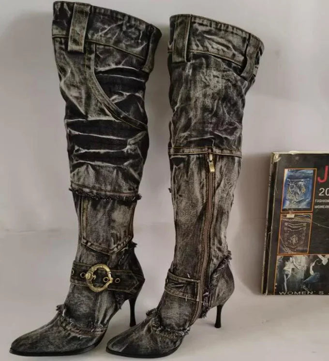 Washable jeans Eyelet Belt Denim Knee Boots Autumn Thin High Heels Side Pocket Frazzle Cowboy Woman Boots Knight Botas Shoes