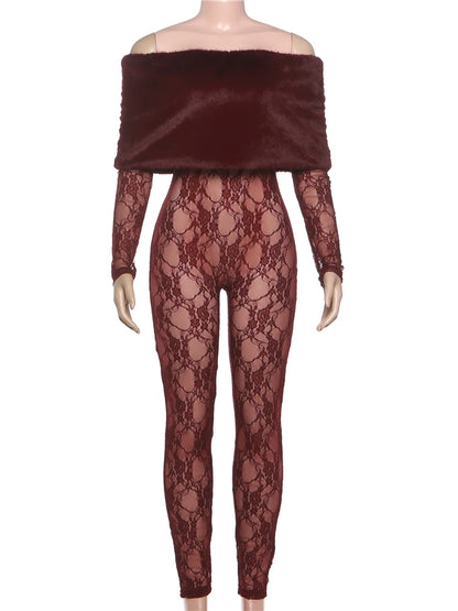Sisterlinda Sexy Furry Patchwork Jumpsuits Women Coquette See Through Jacquard Slash Neck Full Sleeve Skinny Chic Party Clubwear
