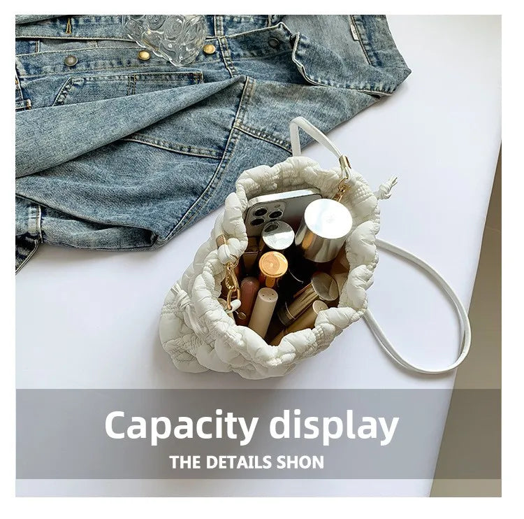 Women Drawstring Shoulder Bags Detachable Strap Quilted Crossbody Bag Solid Color Soft Padding Handbag for Outdoor Travel