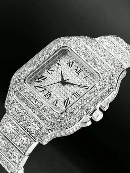 Square diamond studded men's watch fashionable and exquisite starry sky steel strip watch for men