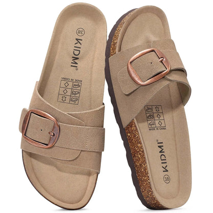 Bebealy Women's Suede Slippers With Arch Sypport Comfortable Cork Foobed Sandals Summer Beach Slides Lady Genuine Clogs Slippers
