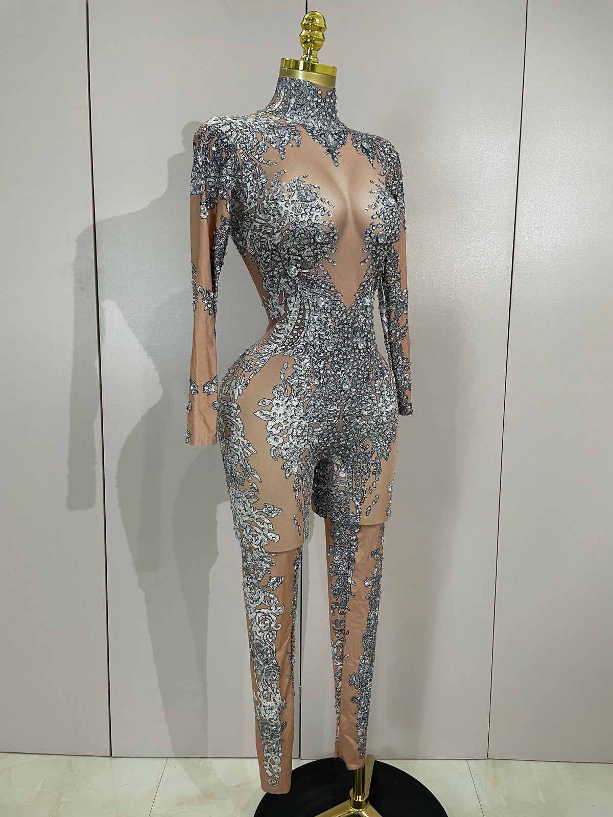 Luxury Sparkly Diamonds Print Long Sleeves Stretch Jumpsuit Evning Party Dancer Nightclub Bar DJ Sexy Stage Performance Costumes