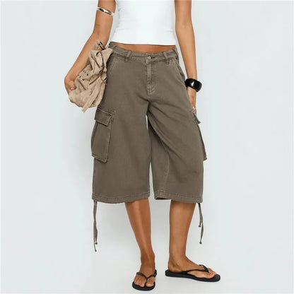 Women Camouflage Cargo Capri Pants Low Waist Multi Pocket Drawstring Hem Denim Bermuda Shorts Y2K Vintage Streetwear