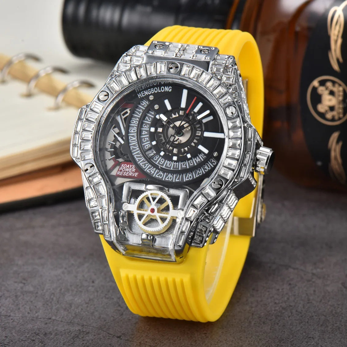 Business Full Diamond Case Luxury Top Mens Watches Rubber Strap Color Creative Decorative Quartz Watch Men AAA Clocks Relogio