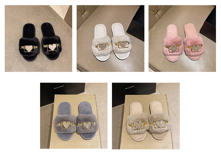 Love Chain Fluffy Women's Slippers Home Fashion Luxury Designer Shoes Woman Autumn Winter Faux Fuzzy Fur Slides Indoor Elegant