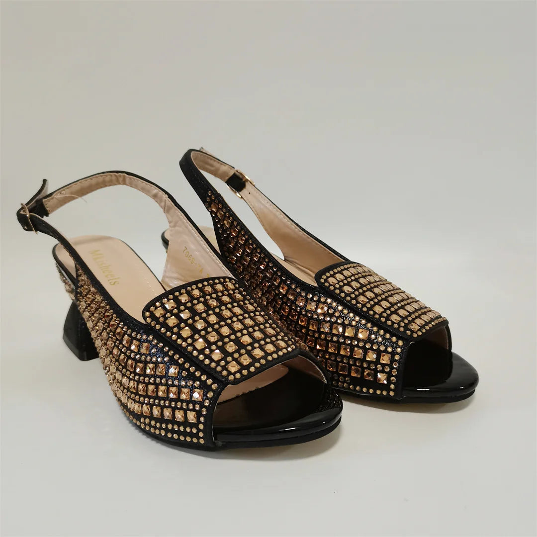 Hot Selling Blue Mid Heel Women Crystal Design Sandal with Rhinestone Bag Set For Lady Party Rhinestone Sandal Shoes F1207-3