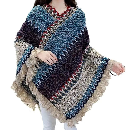 Coat Overlays Winter Warm Mongolian Poncho Striped Polyester Knitting Wraps Ethnic Style Pullover Tassel Shawl Women Fashion