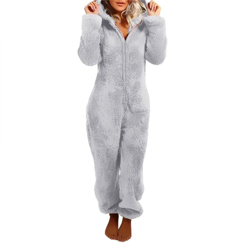 Women Winter Warm Plush Romper Pajamas Solid Color Long-Sleeve Zipper High Neck Hooded Homewear S/M/L/XL/2XL
