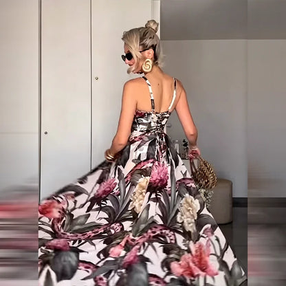 Women's Vacation Maxi Dress Sexy Floral Print Sweetheart Neck Sleeveless Evening Gowns Back Tie Up Robes New Summer Lady Dresses