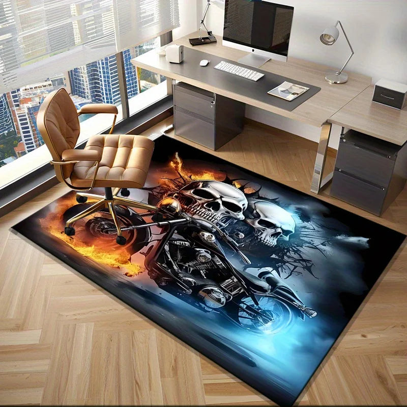 Skull Motorcycle Rug for Gaming Room Cool Biker DecorLarge Size Floor Mat with Fire Effect Unique Gift IdeaSkid resistant carpet