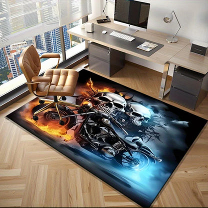 Skull Motorcycle Rug for Gaming Room Cool Biker DecorLarge Size Floor Mat with Fire Effect Unique Gift IdeaSkid resistant carpet