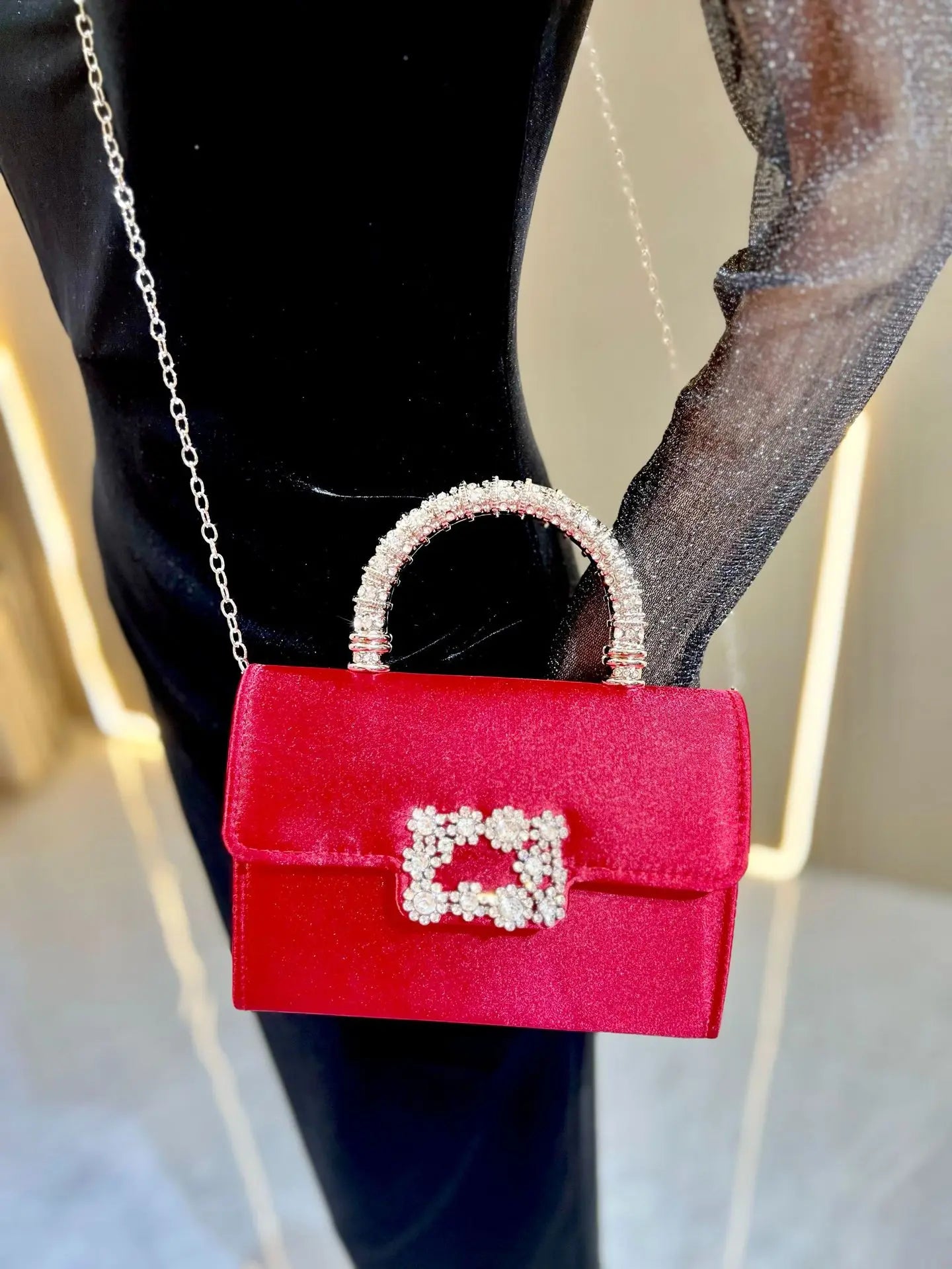 Rhinestone Faux Silk Emerald Evening Bag Silver Diamond Buckle Handle Fashion Handbags Elegant Ladies Square Bolsa Feminina